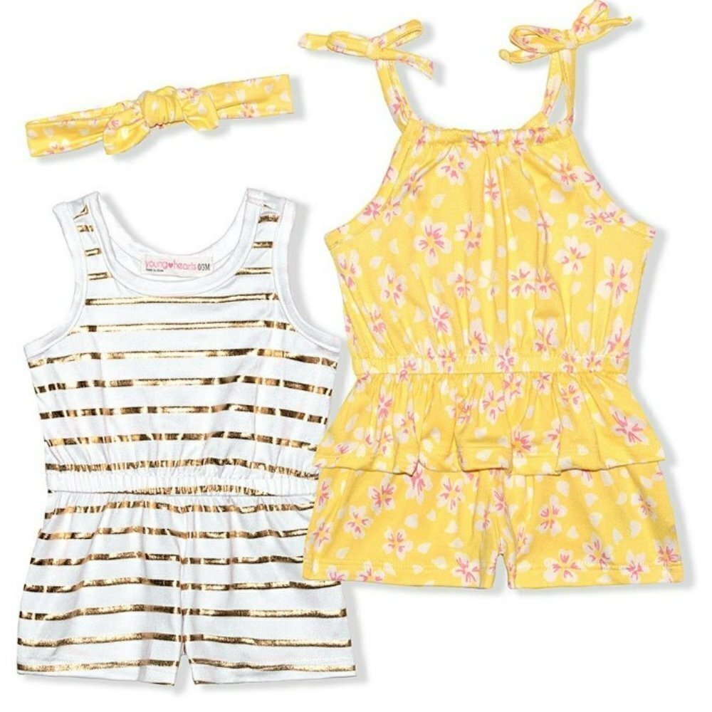 YELLOW Floral & Stripe Romper Set